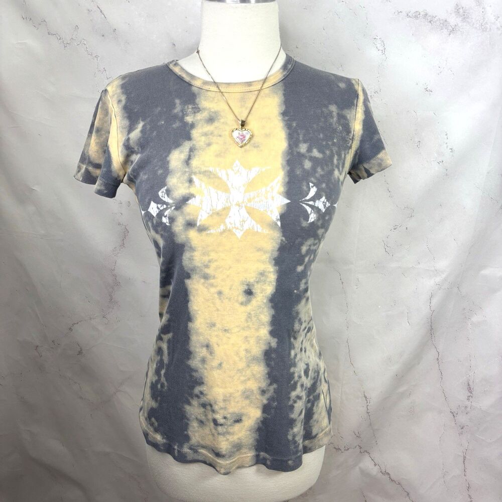 Vtg Y2k Sledge USA Bleach Dye Baby Tee Shirt Gothic Cross Crome M Cyber Grunge